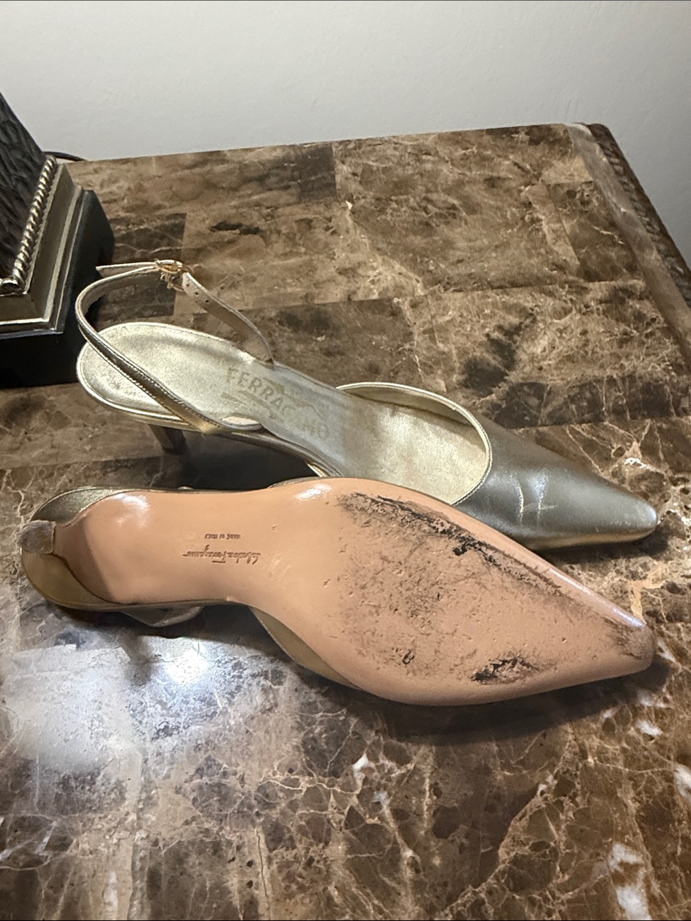Salvatore Ferragamo Metallic Gold Pointed-Toe Slingback Heels - Picture 6 of 10